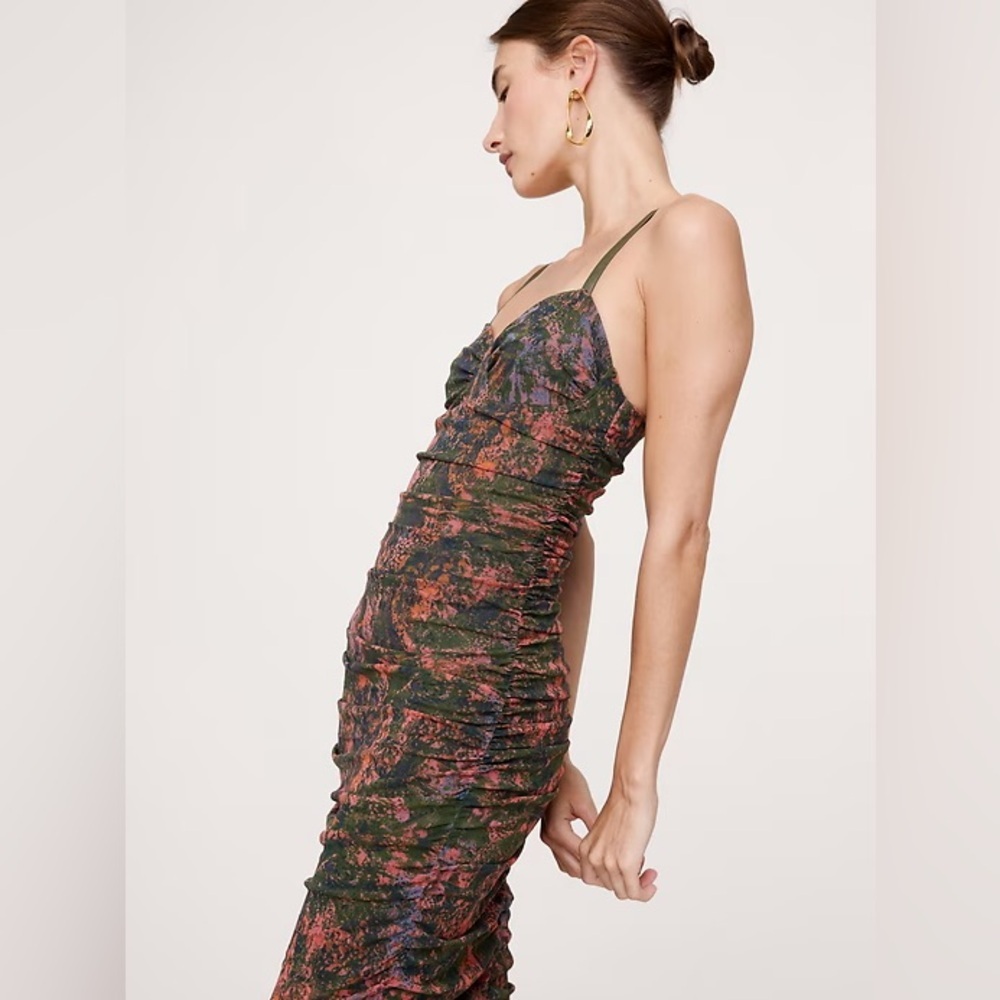 NWT! Banana Republic Green Camo Splatter Ruched Mesh Corset Midi Dress - Picture 3 of 5